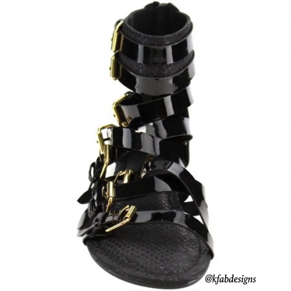 LAST 2! Strappy Black Zipper Textured Gladiator FlatSandal-Gold Tone Buckles - Picture 6 of 8